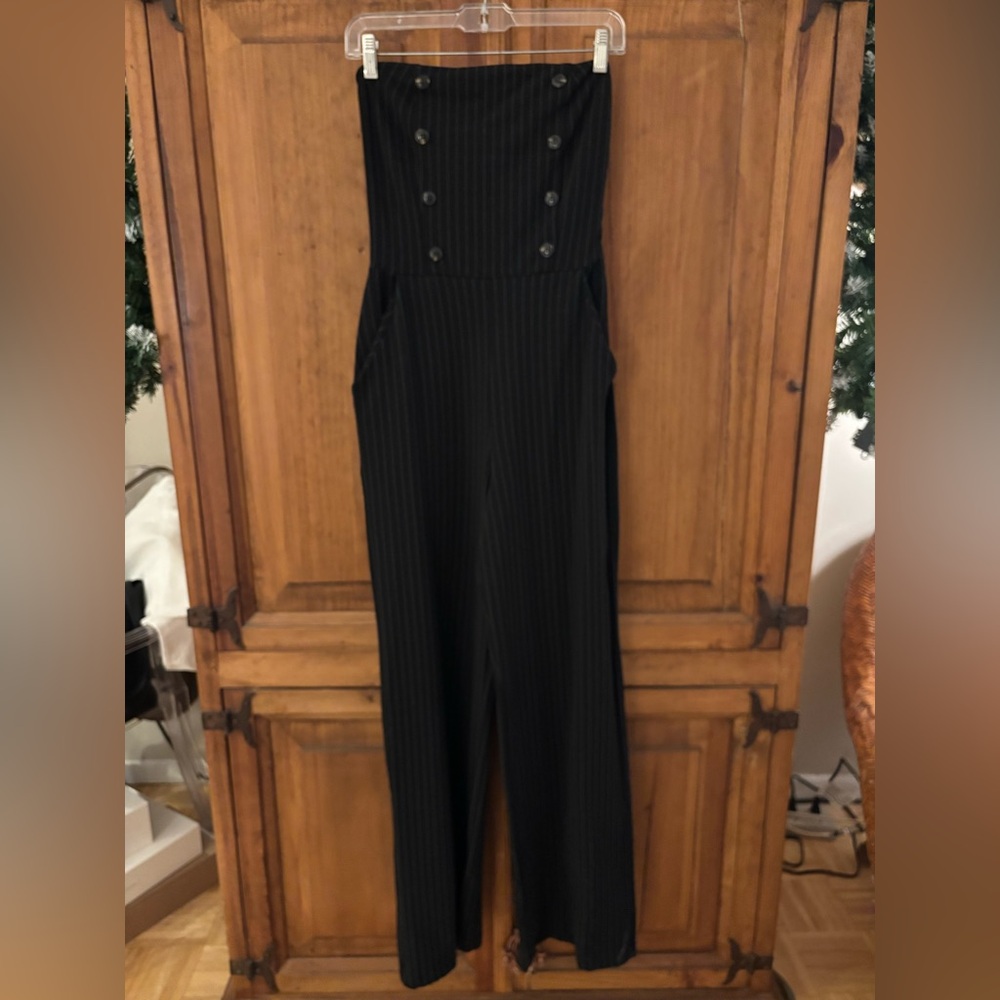 Anthropologie Maeve Dark Navy-Gray Pinstripe Jumpsuit - Picture 3 of 15
